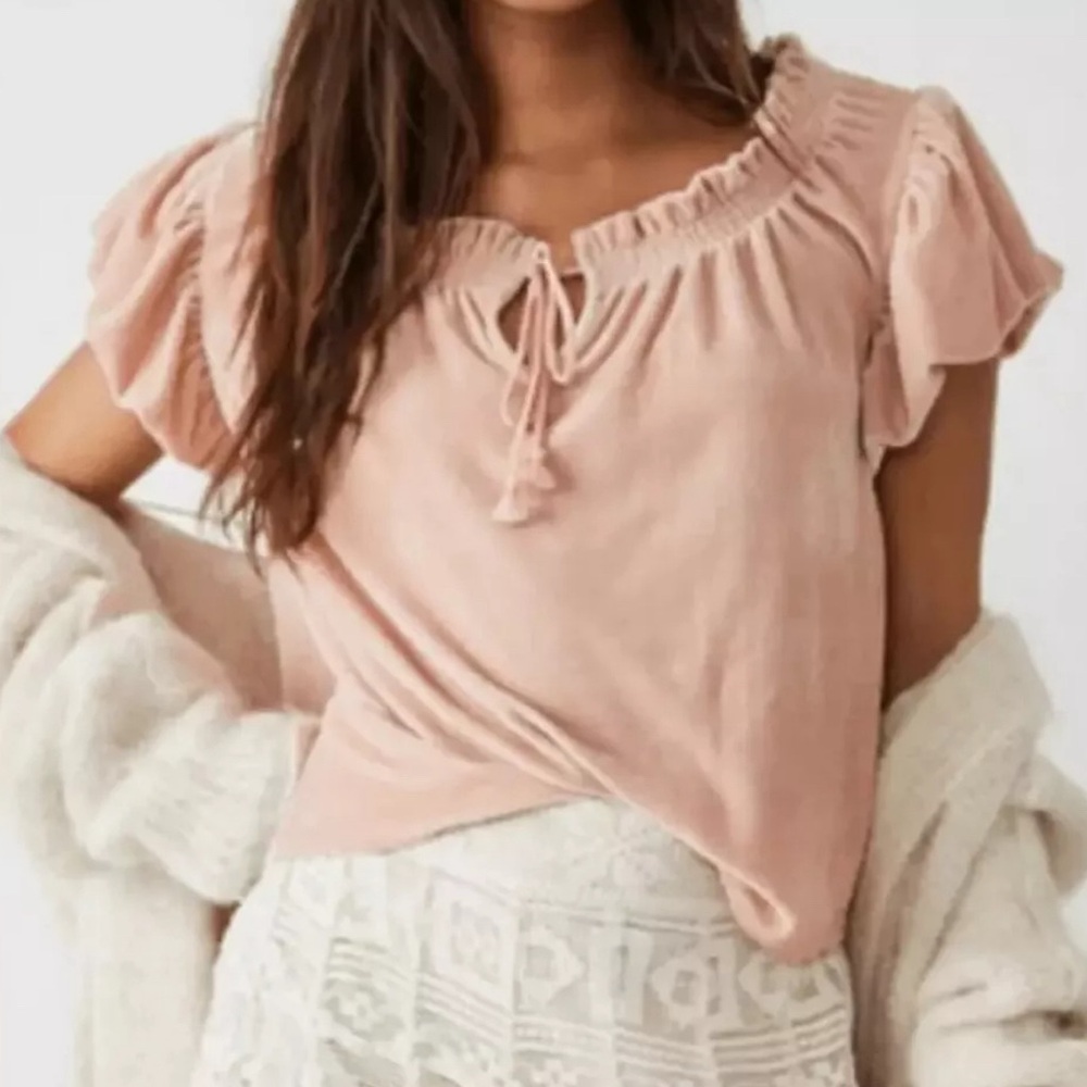 Free People Terese Velvet puffed sleeve‎ peasant top peach pink Size XS